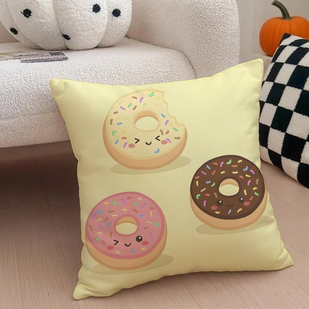 Food Lovers Cartoon Cute Donuts Art Cushion Cover Throw Pillow Cover Hidden Button Durable Polyester Chair Cushion