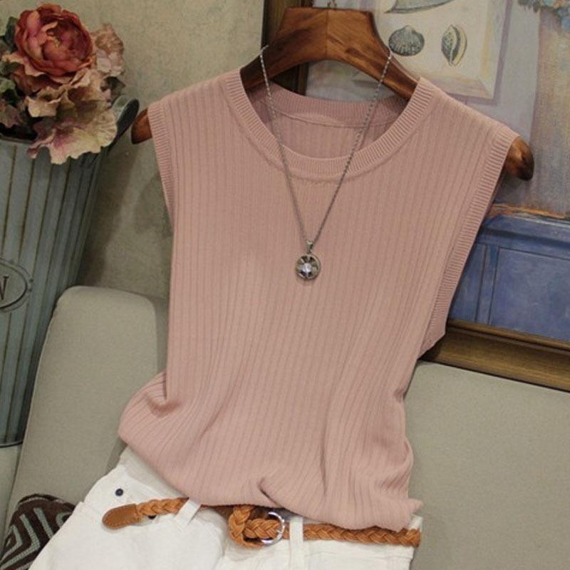 

1Pc Women s Sleeveless Knit Vest Top Summer Casual Short Length Solid Color Medium Stretch One Size Polyester Cotton Blend One Size розовый
