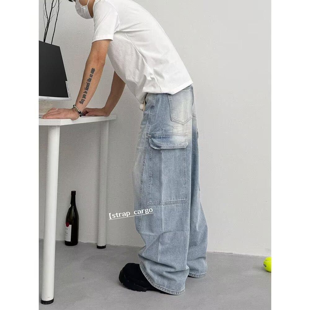 

Американские джинсы High Street мужские осенние трендовые брендовые свободные широкие прямые брюки с микроклешем 3XL светло-синий