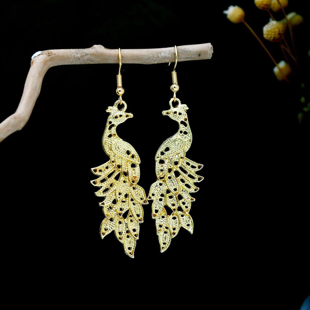 Peacock Tassel Earrings with Hollow Leaf Design in Retro Ethnic Style Imitation Silver for Women