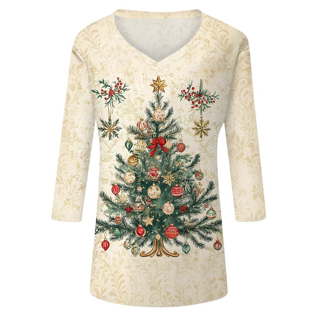 Women's T Shirt CHristmas Print 3/4 Sleeve Daily Weekend Fashion Basic V- Neck Regular Top