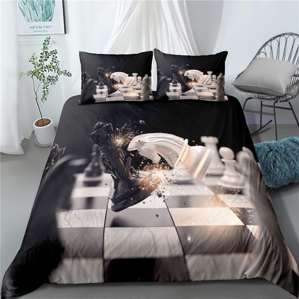 International Chess Duvet Cover Set Black White Lattice Checkerboard Comforter Cover Competition Game for Kids Teens Bedding Set