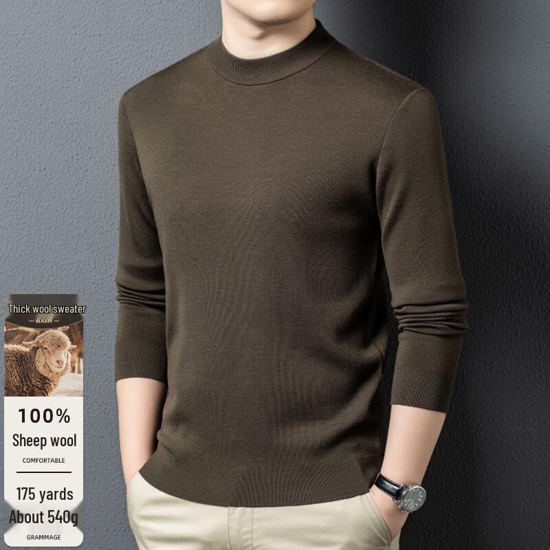 Fengxun Men's 100% Pure Wool Half-High Collar Pullover Sweater