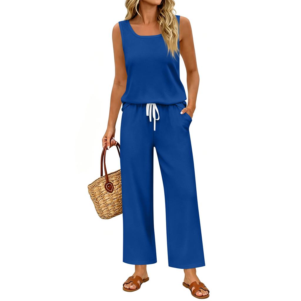 Women Sleeveless Tank Top and Wide Leg Pants Two Piece Set Casual Loose Fit Lounge Wear Suitable for Travel Vacation and Home Relaxation