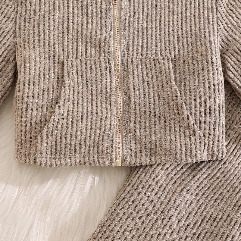 Mädchen Outfit Herbst Winter Neu Gestrickt Gerippt Langarm Kapuzen Reißverschluss Oberteil Mode Schlaghose