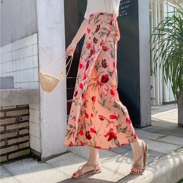 Ein Stück Stoff Langer Blumen-Chiffon-Freizeitrock Damen Sommer Chiffon-Wickelrock Langer Strandrock