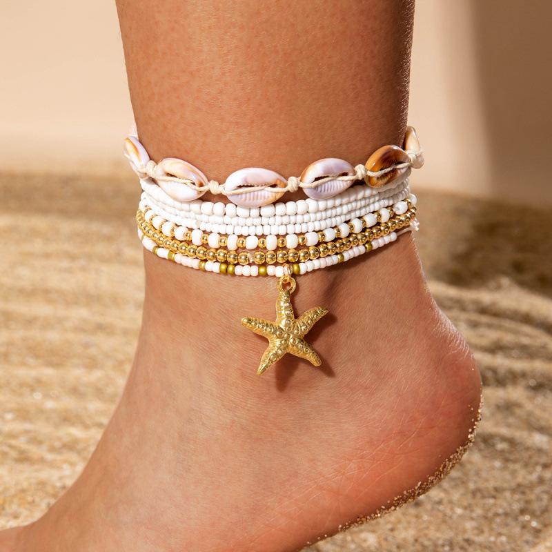 Bohemian holiday style acrylic shell woven anklet, beach style resin starfish anklet seven pieces