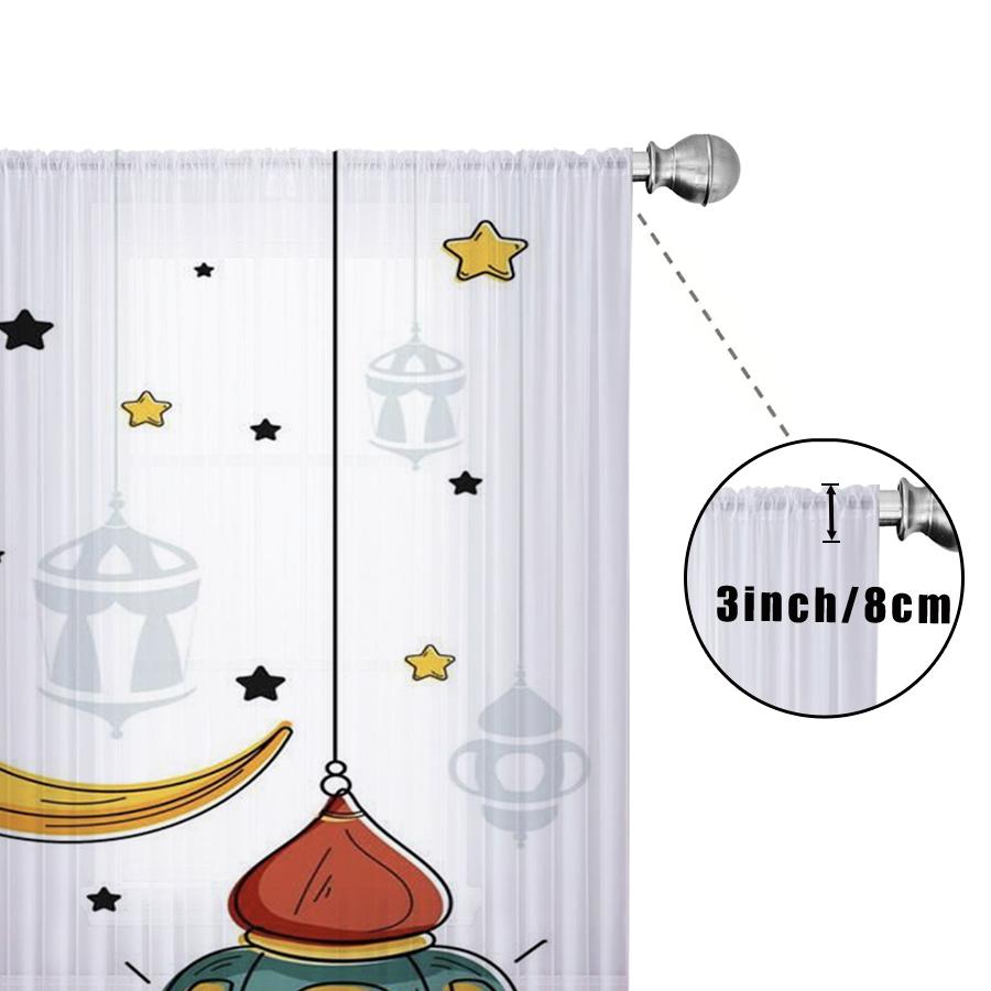 1PC Ramadan Kareem Sheer Curtain Colorful Lantern Moon Star Islamic Festival Window Drapes Light Filtering for Living Room decor