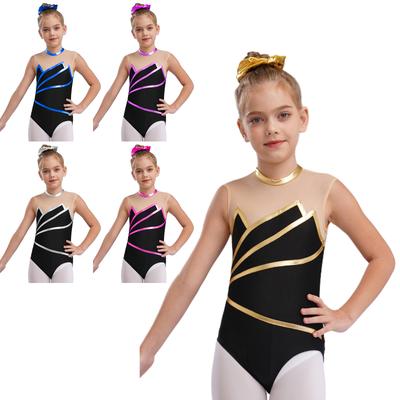 Girls Gymnastics Leotard: Metallic Striped Sheer Mesh Patchwork Keyhole Back Sleeveless Bodysuit for Dance Performance