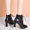 Women's Pointed Toe Lace-Up Chunky Heel Ankle Boots - 2025 Autumn/Winter, Embossed Cowhide