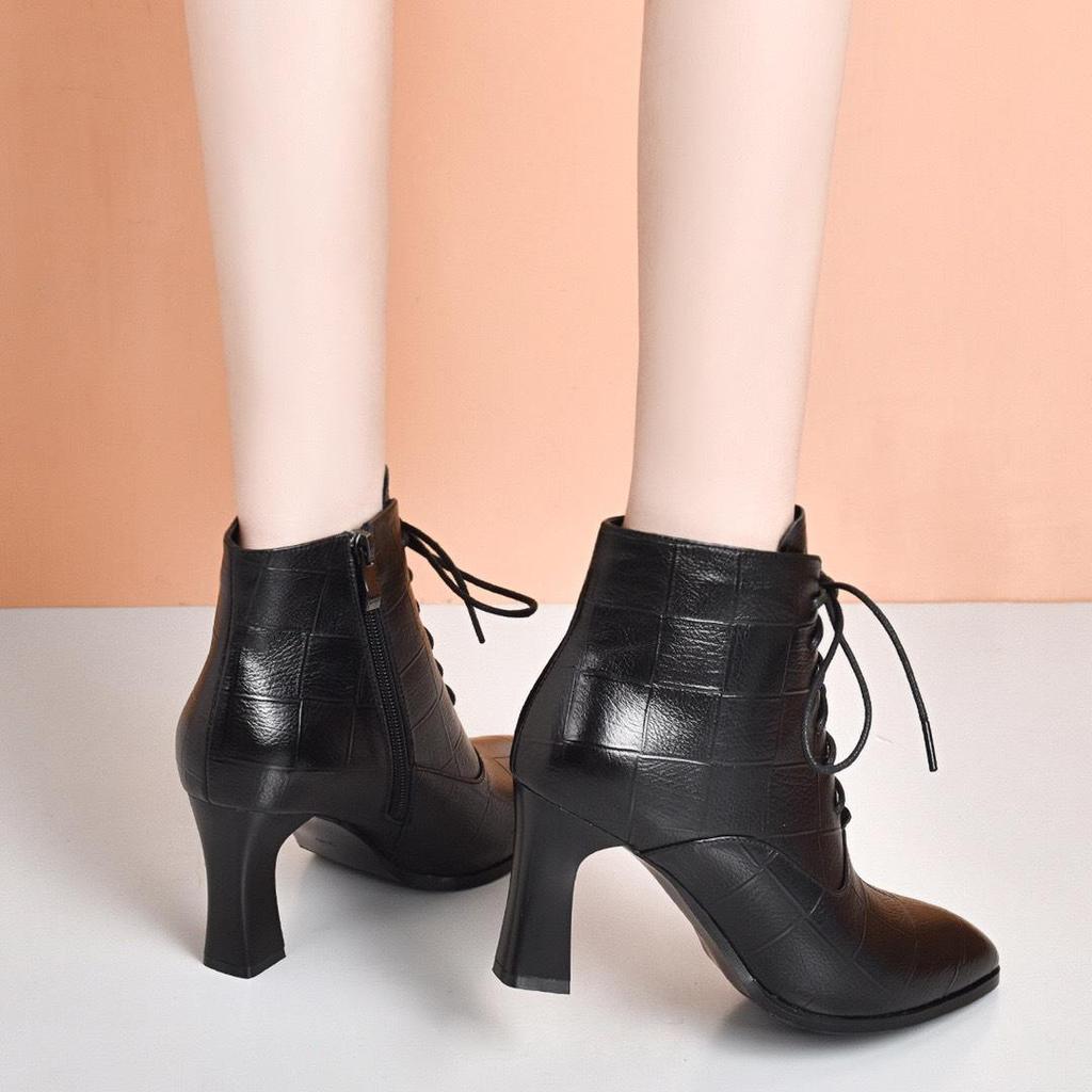 Women's Pointed Toe Lace-Up Chunky Heel Ankle Boots - 2025 Autumn/Winter, Embossed Cowhide