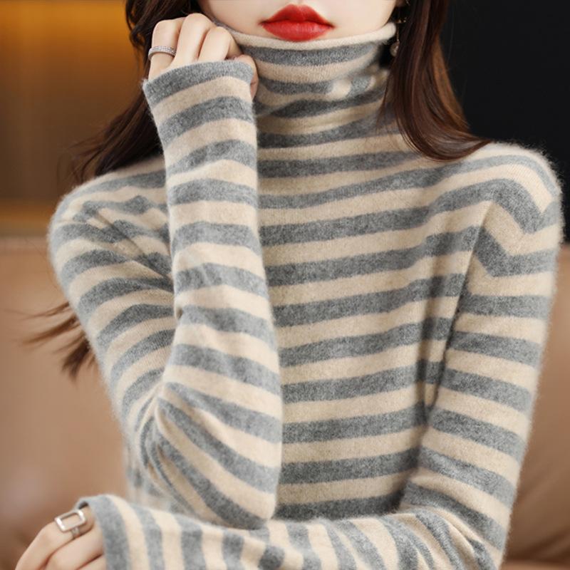 Women's Clothing Autumn and Winter New Casual Striped Loose Pile Neck Sweater Korean Version Color Matching Knitted Bottoming Shirt