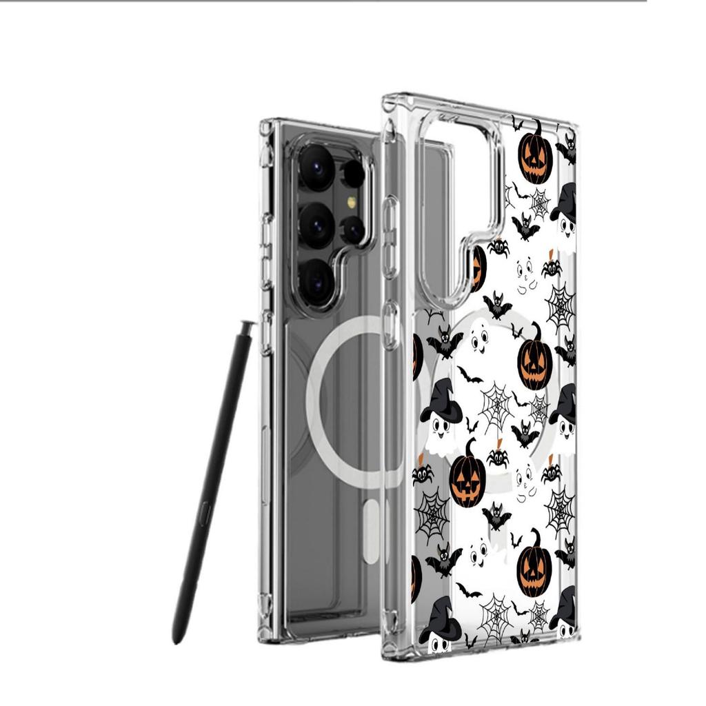Transparent Black Pumpkin Skull Magnetic Case for iPhone 15/16/17 Pro Max – Full Coverage