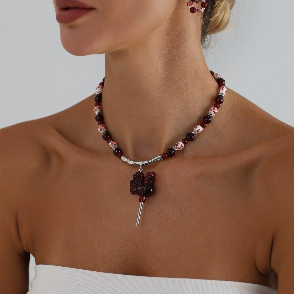 Adjustable Rooster Pendant Necklaces Beads Hoop Earrings Red Rooster Necklace Russian Folk Style