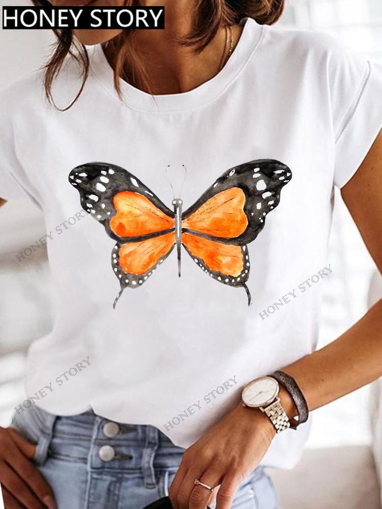 Dragonfly Butterfly Print Base Top Loose Women's Short-sleeved T-shirt Round Neck Oversized T Shirt  Women Clothes