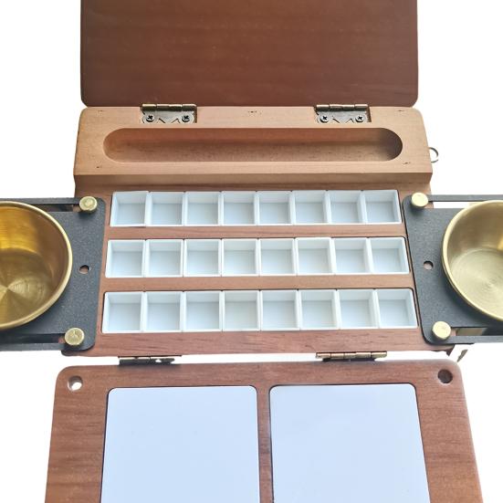 24-Fächer Aquarellpalette Box, Reise-Farbpalette mit Pinselhaltern, Zwei Mischflächen, Tragbare Holz-Farbkasten für Malen im Freien, Studio