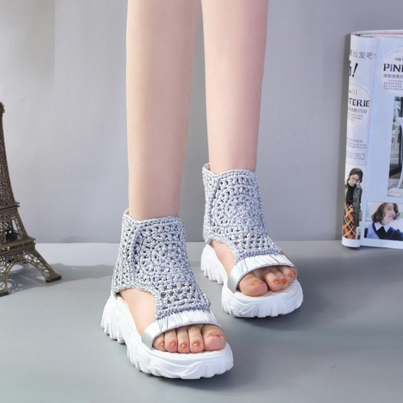 Fashion 2025 Sandals Women Braided Geometric Wedge Sandals Knitted Elastic Summer Shoes Mesh Flat Sandals Hollow Female Platform Shoes