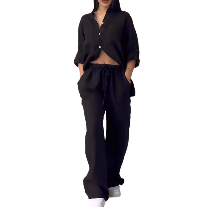 Spring and Autumn Women's Solid Color Single-Breasted Long Sleeve Shirt Wide-Leg Pants Lace-Up Pant Suit