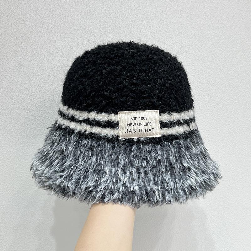 Korean Version Women's Plush Knitted Hat Women's Autumn and Winter Fisherman Hat Stripes Thick Warm Hat