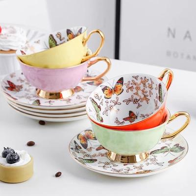 Set da 220 ml, tazza da tè in fine porcellana con piattino, motivo a farfalla colorata. Tazza da caffè in ceramica, piattino per tazza da caffè espresso.