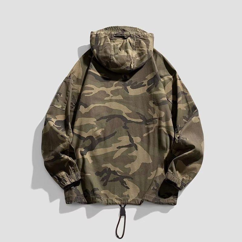 Camouflage Windbreaker Autumn Winter Hooded Outdoor Jacket Retro American Style Casual Half Zip Cargo Coat