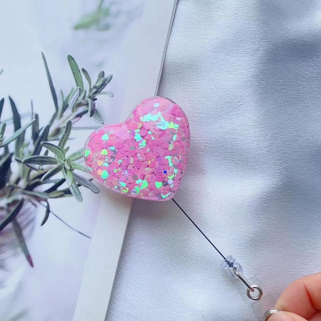 Shine Heart Retractable Badge Reel Lanyards ID Name Card Badge Holder Nurse Student Employee Card Alligator Clip Office Supplies