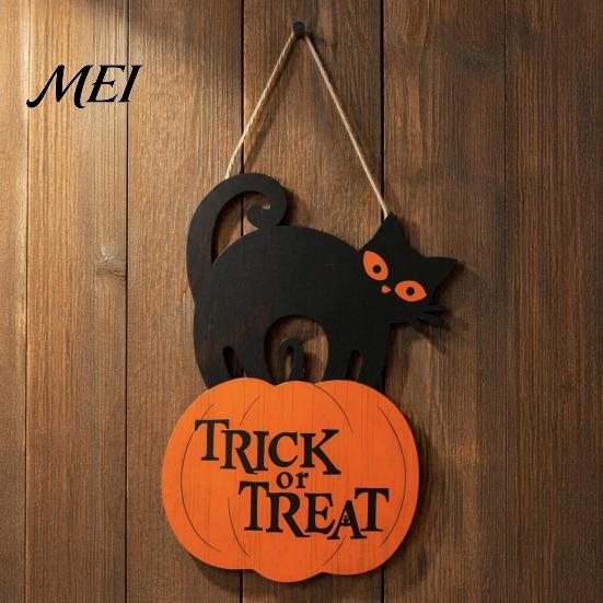 Rustic Farmhouse Wall Art Halloween Wooden Door Sign, Black Cat And Pumpkin Plaque, Boxwood Material Decor Hanging for Holiday Party Indoor Outdoor