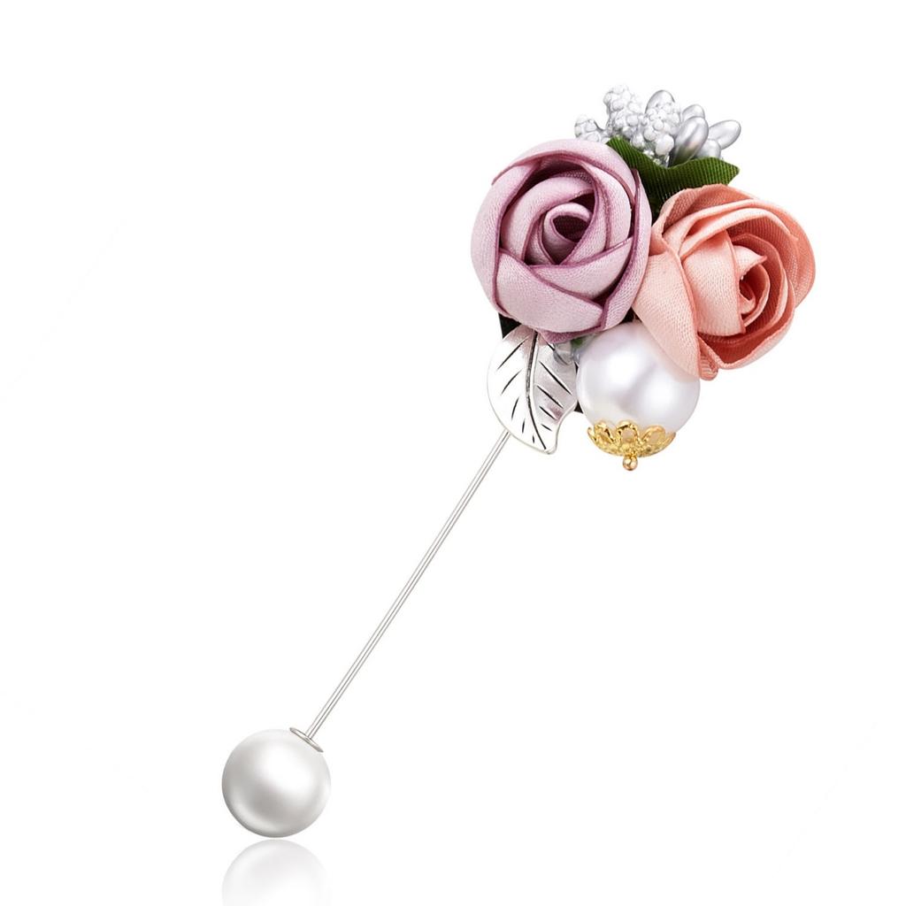 Romantic Cloth Art Fabric Rose Flower Long Needle Brooches For Women Men  Double Floral Imitation Pearl Pins Suit Jewelry