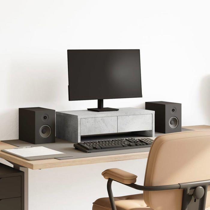 VidaXL Support de moniteur avec tiroirs gris béton bois d'ingénierie, support d'écran, étagère de moniteur, base de moniteur 854664