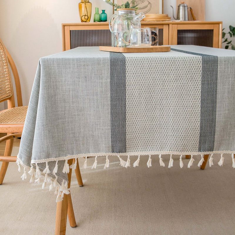 

Japanese Style Cotton and Linen Style Tablecloth Rectangular Accessible Luxury Fancy Artsy Stripes Modern Simple Coffee Table Cover Cloth Fabric First meet-blue gray-tassel 100*160cm