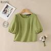 Women Casual Round Neck Solid Color Loose Short Sleeve Blouse