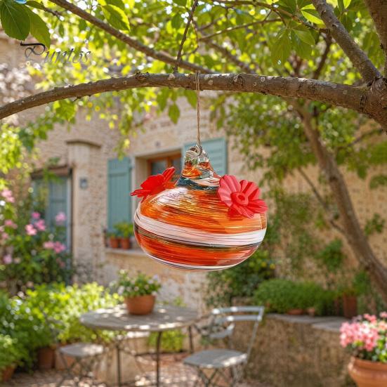 Nectar Storage Feeder Blown Glass Hummingbird Feeder, Outdoor Hanging Colorful Hand-blown with Two Flower Feeding Ports for Garden Backyard