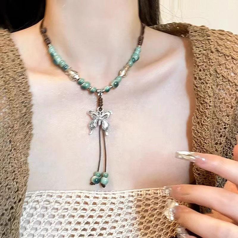 Vintage Ceramic Butterfly Pendant Necklaces for Women New Chinese Ethnic Style Long Adjustable Handmade Beaded Necklaces Zircon