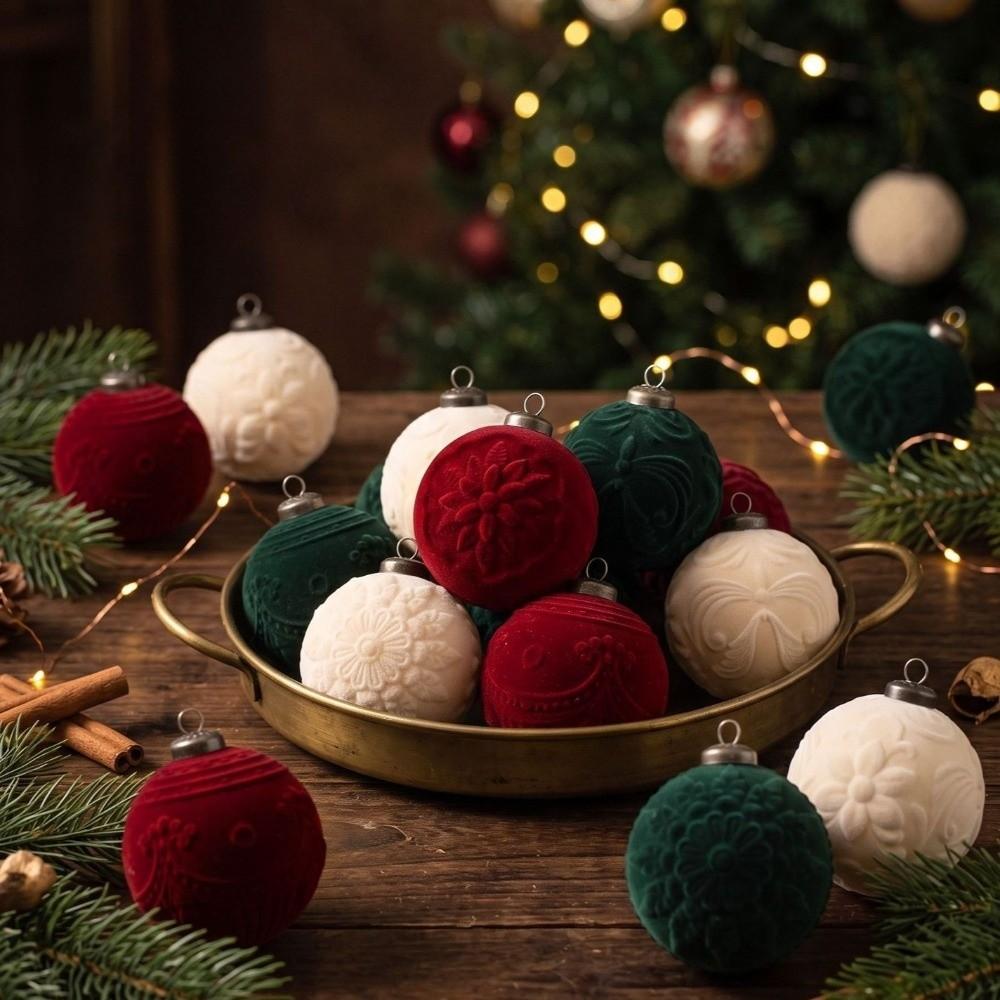 9Pcs Flocking Hanging Christmas Balls Embossed Festive Hanging Decorations Home Mantel Decoration