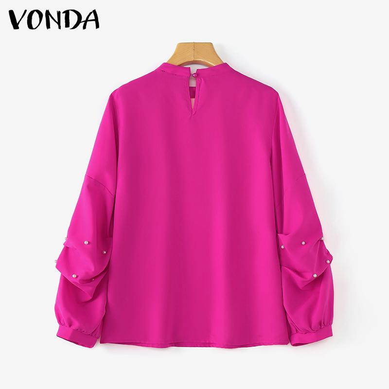 VONDA Women Fashion Stand Collar Long Sleeve Solid Color Blouses