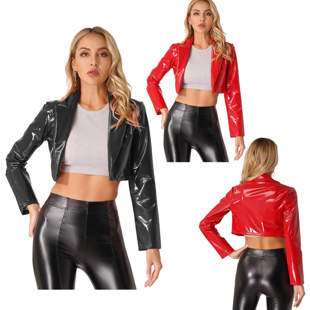 Womens PU Faux Leather Long Sleeve Jackets Slim Fit Party Coat Ladies Fashion Leather Jacket Dance Costume