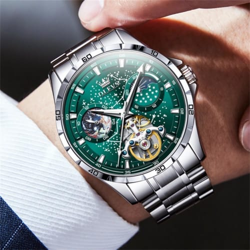 OLEVS Pánské automatické mechanické hodinky Starry Sky Dial Kožený řemínek Vodotěsné pánské hodinky Black