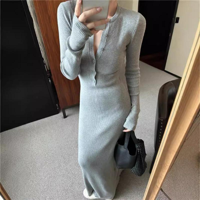 Street button knitted dress women's autumn new retro slim and thin long-sleeved hip-wrapped dress