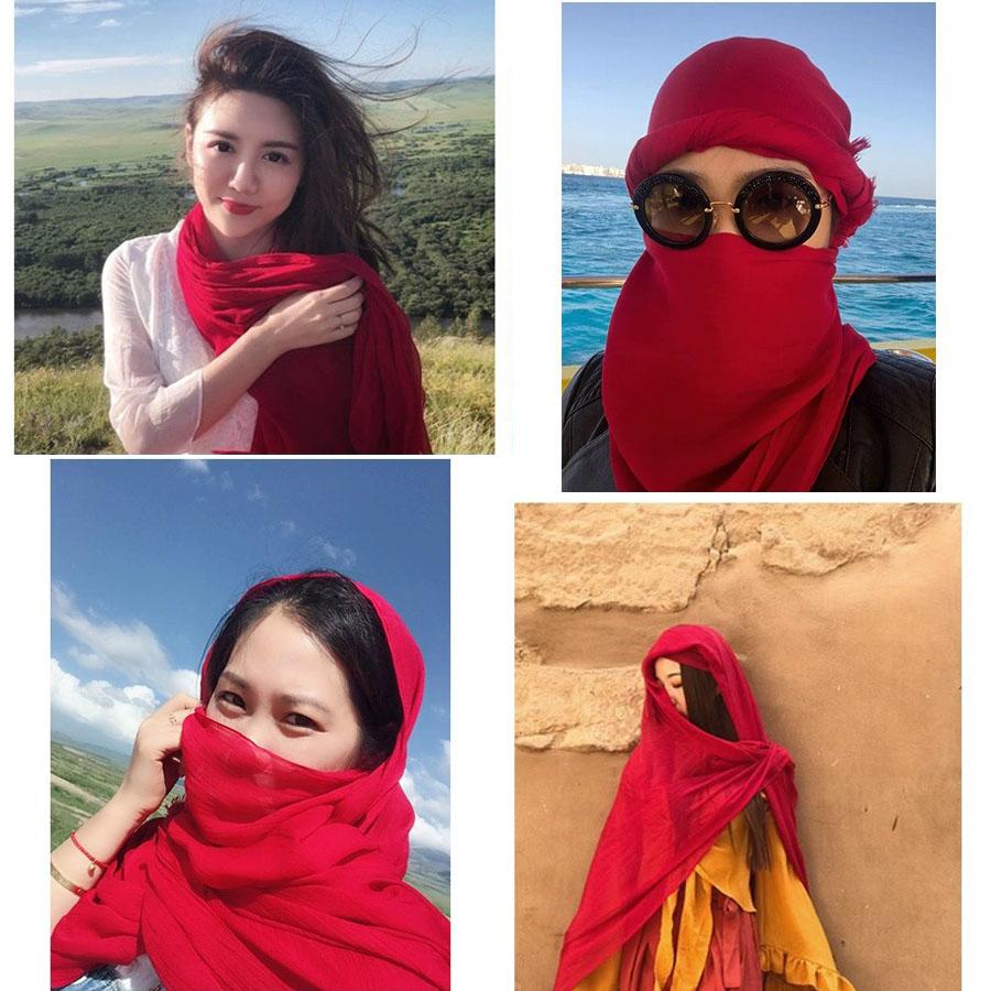 Bright Red Cotton-linen Scarf for Photography, Desert Sun Protection Shawl, Beach Travel Scarf, Qinghai Chaka Salt Lake Gauze Scarf for Women