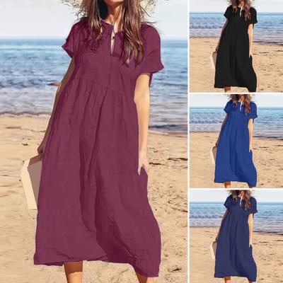 Damen Maxikleid aus Baumwolle und Leinen, lässig, kurzärmelig, V-Ausschnitt, Sommerkleid, lockeres, plissiertes langes Strandkleid für den Sommerurlaub