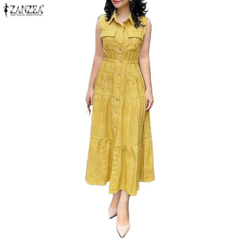 ZANZEA Women Casual Turn Down Collar Loose Sleeveless Dress