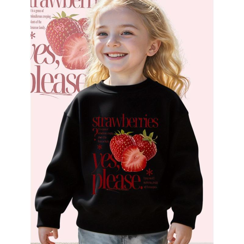 Kids Crewneck Long Sleeve Sweatshirt, Strawberry Text Graphic Print