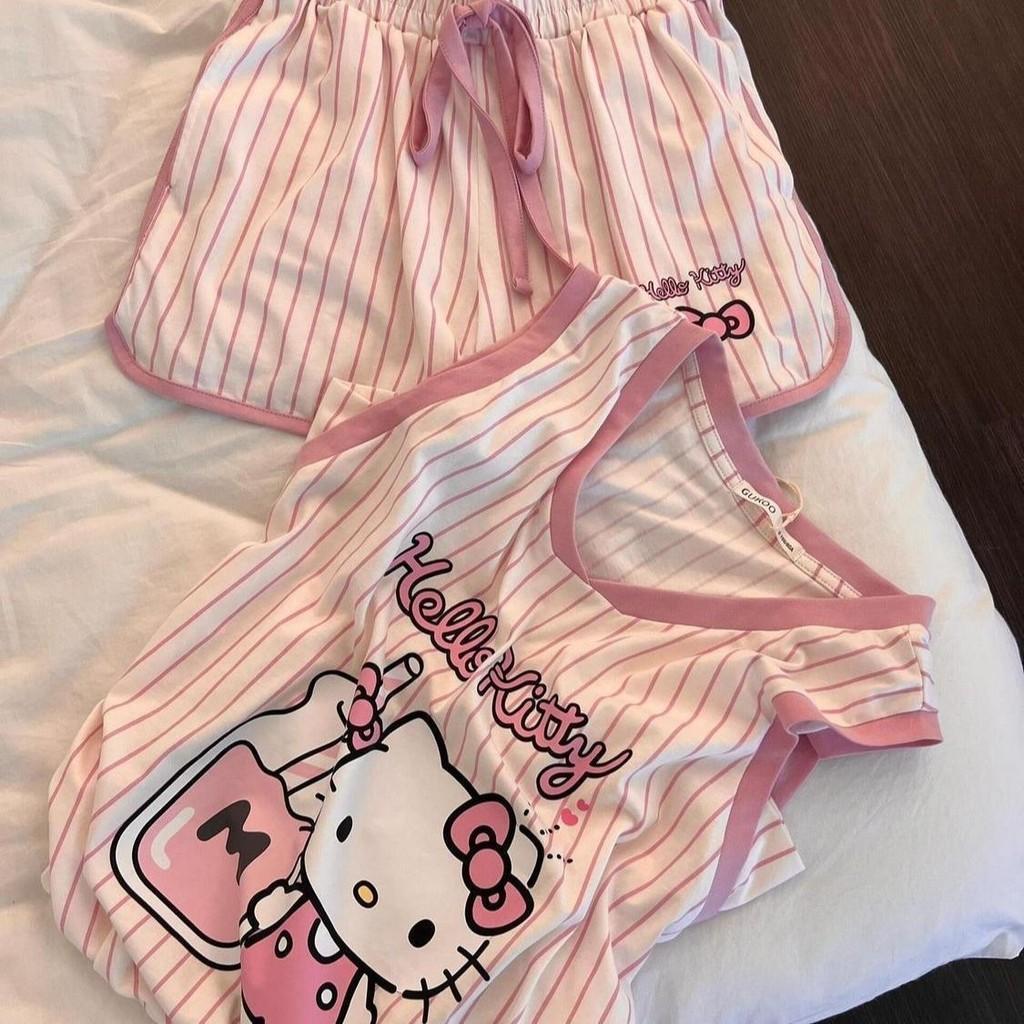 Hello Kitty Pajama Set For Girls With Striped Cotton Sleeveless Shorts Home Wear