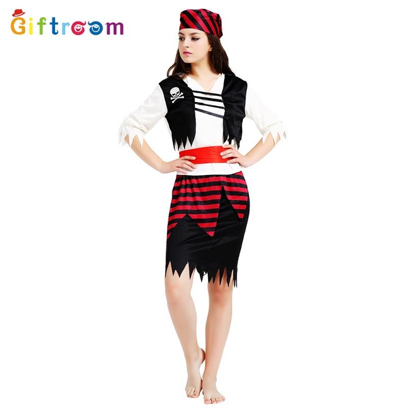 Pirates of the Caribbean Stage Performance Adult Female Red Black Stripe Irregular Skirt Skull Suit Performance Costume