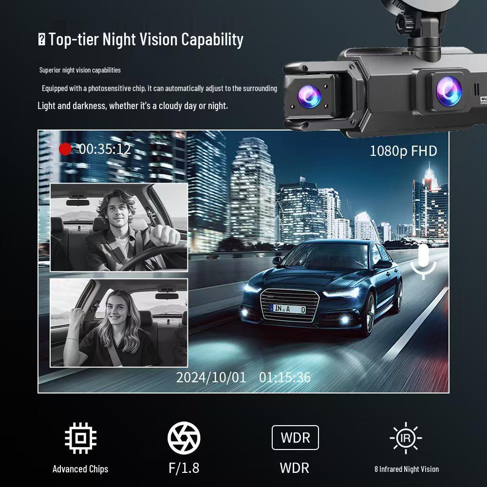 3.0-inch IPS HD Dash Cam with Four Lenses, Night Vision, Loop Recording, WiFi.