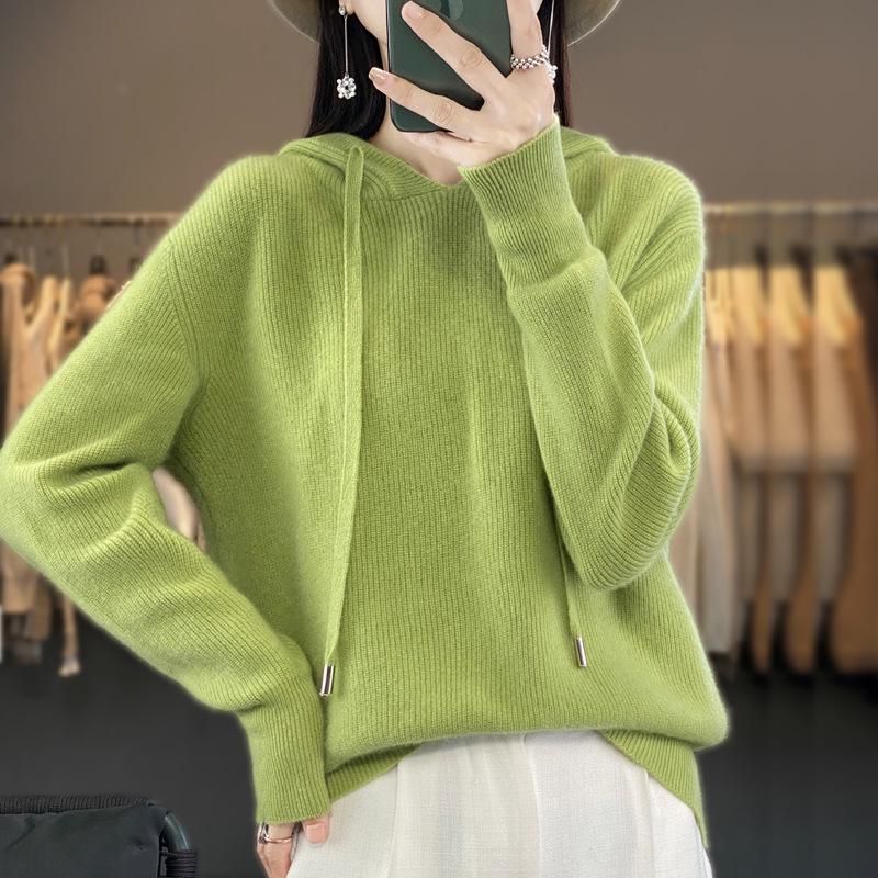 Women's Pure Wool Loose Knit Hoodie - Solid Color, Long Sleeve, Drawstring Hood, Casual Fashion Warm Pullover