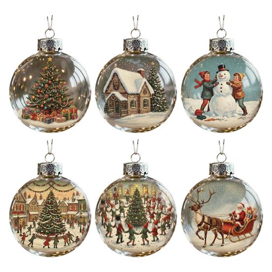 Yousheng Clear Ball Ornaments Vintage Snow Village House/Christmas Tree/Snowman Hanging Ball Ornaments for Farmhouse Xmas Tree Holiday Wedding Home
