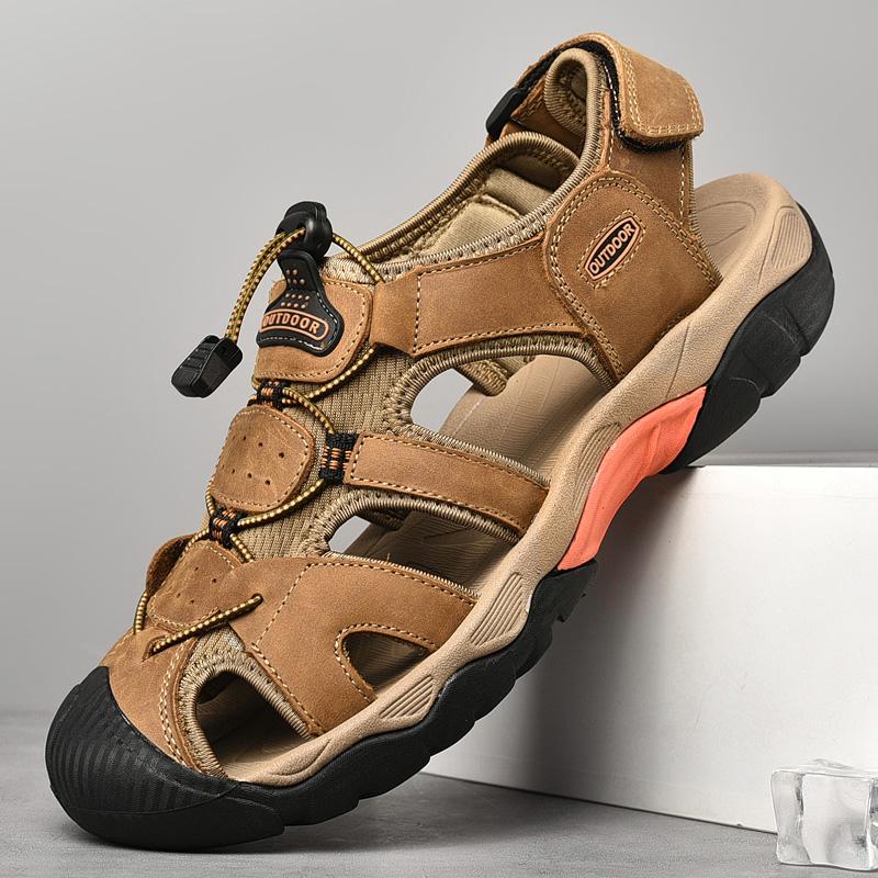 Summer New Men's Comfortable Fit Outdoor Sandals Fashionable Men's Top Layer Cowhide Breathable and Versatile Hollow Hole Shoes