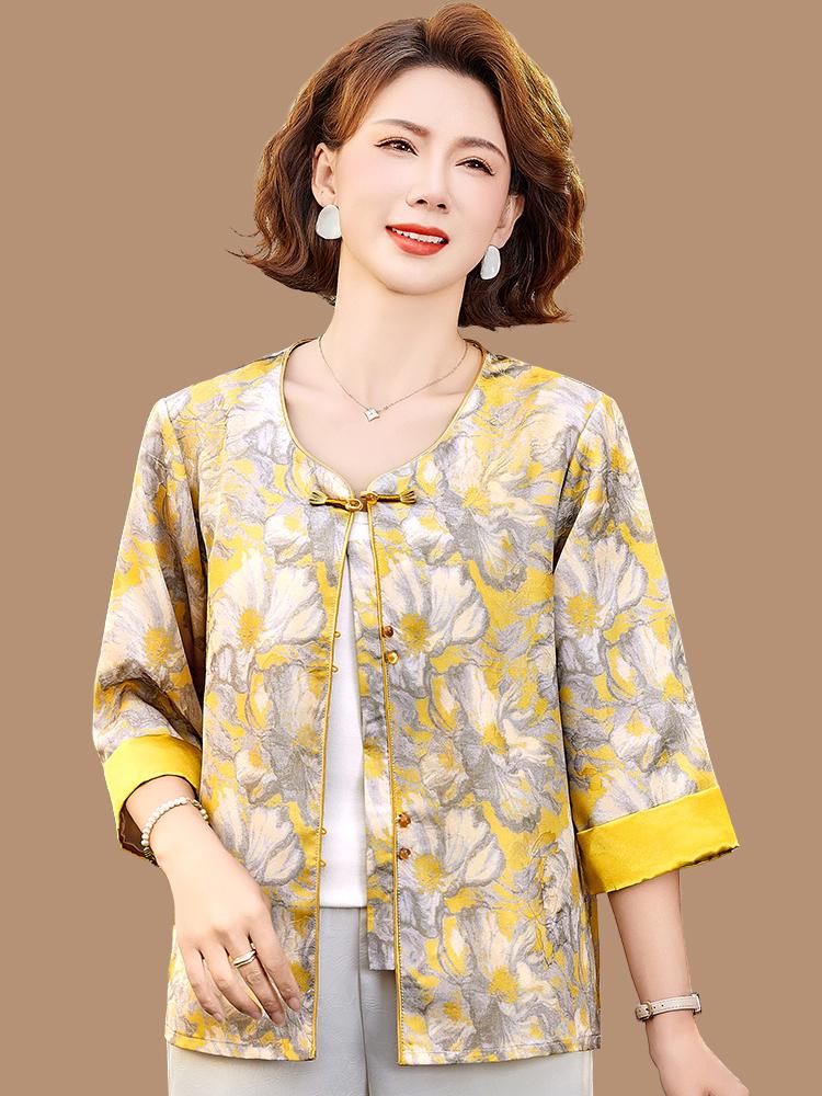 Mom's Spring Chinese-Style Mid-Sleeve Shirt for Middle-Aged Women