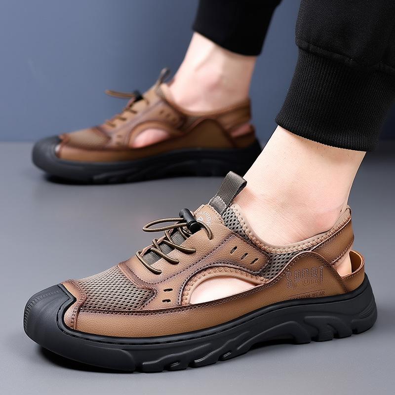 Hollow Men's Sandals 2025 Summer New Mesh Rome Foreign Trade Leisure Beach Hole Breathable Bag Head Leather Shoes